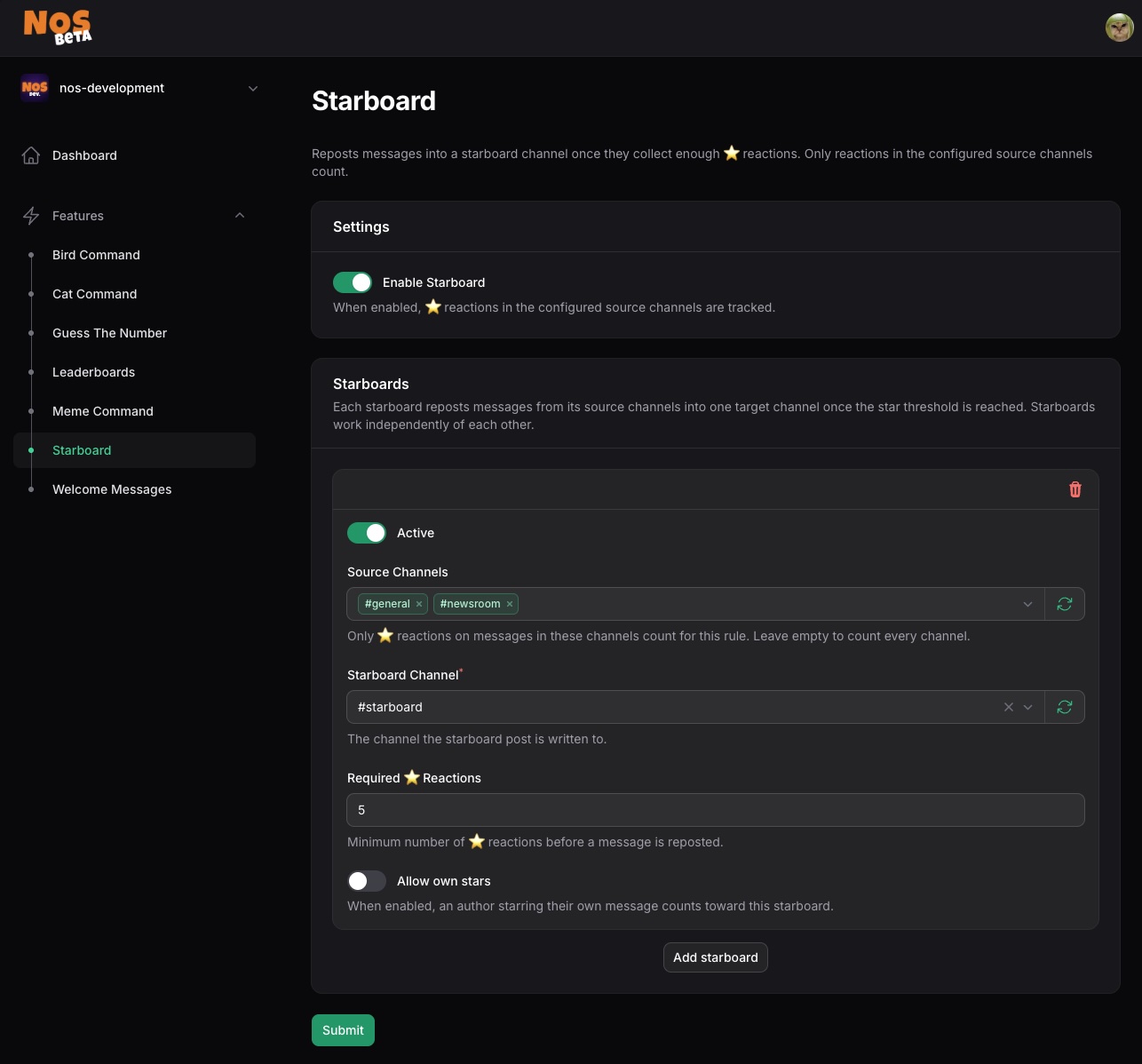 NOS web dashboard with module toggles configuring one Discord server