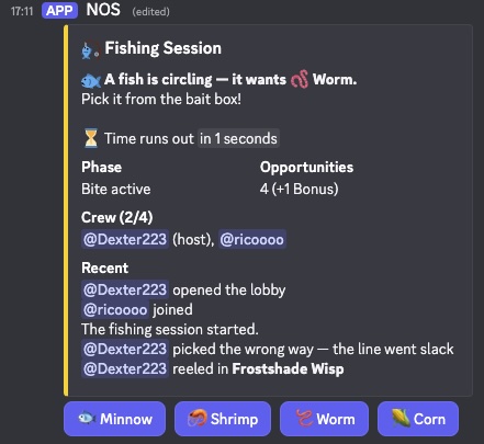 NOS /fish Discord fishing session embed showing hosted lobby, crew of anglers and recent reel-in attempts