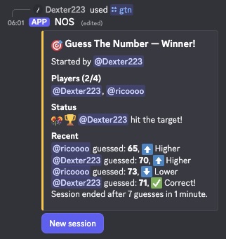 NOS /gtn Discord solo and multiplayer guess-the-number game with player lobby and round controls