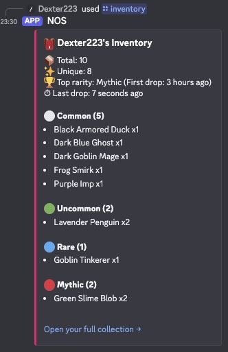 NOS /inventory Discord embed showing a member's personal lootable collection grouped by rarity