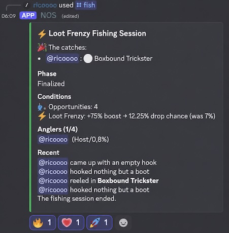 NOS Discord embed announcing a Loot Frenzy event boosting drop chance and rarity for the whole server