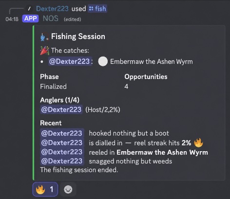 NOS /fish Discord embed showing an angler's reel streak boosting drop chance on skill bites